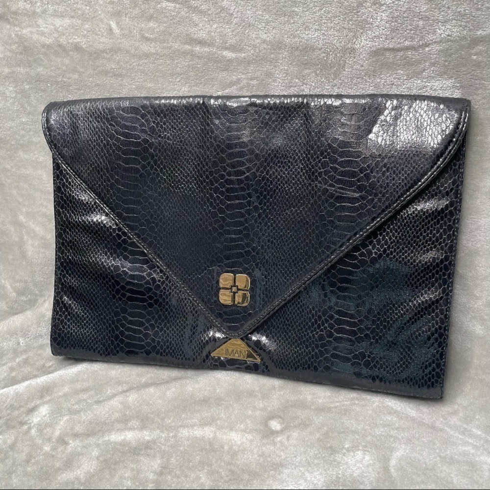 Iman Black Faux Snakeskin Fold Over Clutch with Interior Zipper Pouch